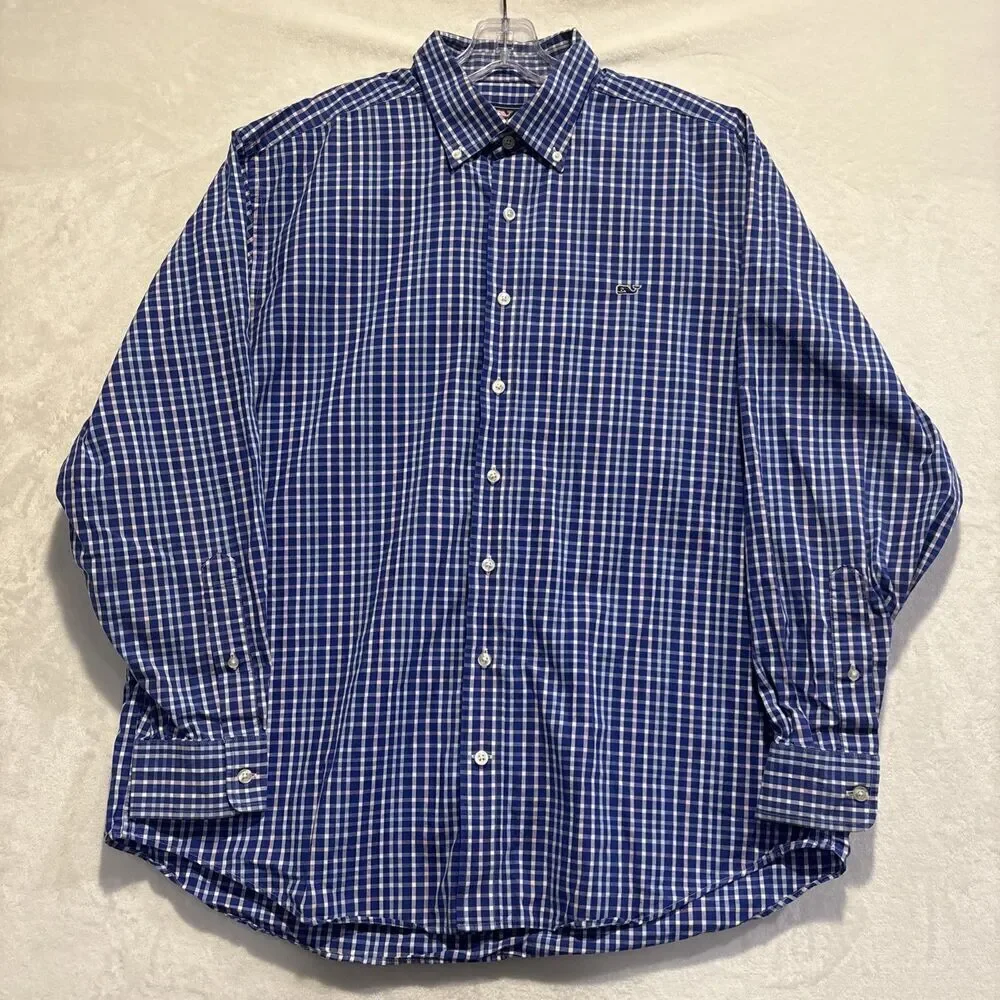 Vineyard Vines Men's Plaid Whale Shirt Button Down Pink Blue Size Large Preppy